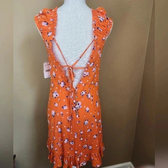 Free People Like a Lady Orange Citrus Floral Mini Dress Lace Up Back S NWT - Picture 8 of 16